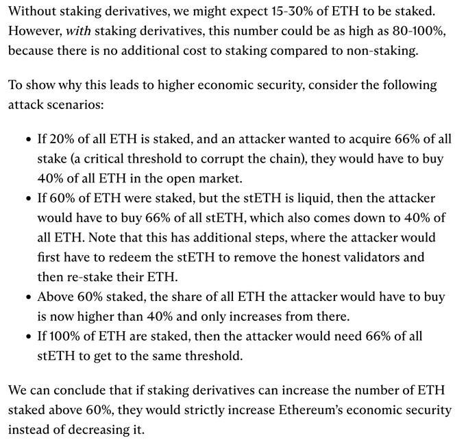 A text excerpt discussing Ethereum staking economics, explaining how staking derivatives could lead to 80-100% of ETH being staked and various attack scenarios at different staking thresholds.