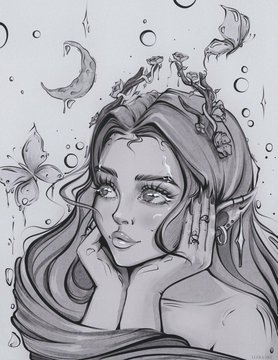 A black and white digital illustration depicts a fantasy woman with flowing hair, an ornate headpiece, and decorative butterflies floating around her face against a light blue background.