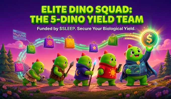 A promotional graphic titled "ELITE DINO SQUAD: THE 5-DINO YIELD TEAM" with the subtitle "Funded by $SLEEP. Secure Your Biological Yield." features five green dinosaur characters in a line, holding various items including a coin and bags.