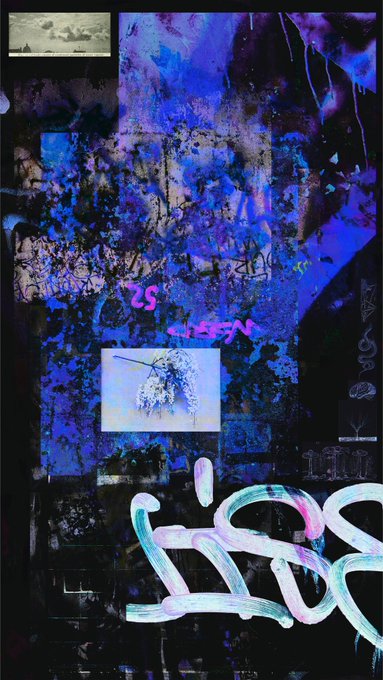 An abstract digital artwork featuring blue and black textured backgrounds, collaged images, and large graffiti-style text reading 'see'' and 'I88'.