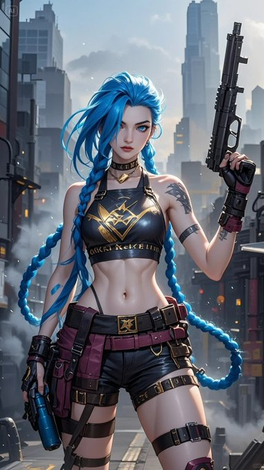 The image features a stylized character with long blue braided hair, holding a large rifle, wearing a black crop top and shorts, with a futuristic cityscape in the background. The post appears to be about a Polymarket trading account focused on esports betting (CS and League of Legends), with the image serving as a thematic representation of the bold, high-stakes nature of the trading strategy.