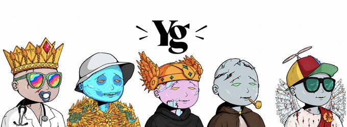 A lineup of five cartoon character NFTs—including a king with a crown and sunglasses, a blue figure in gold, a pink crowned figure, a scarred character with a pipe, and a figure in a propeller hat—appears under the "Yg" logo, promoting the "4444 YoungGods" NFT collection launching on Ethereum via OpenSea.