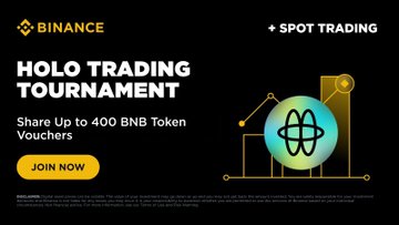 A Binance promotional banner for a 'HOLO TRADING TOURNAMENT' offering 'Up to 400 BNB Token Vouchers' with a yellow 'JOIN NOW' button.