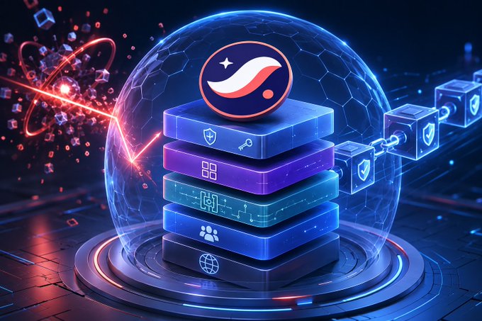 A digital illustration depicting the Stellar (XLM) cryptocurrency logo atop a stack of glowing blue blockchain layers surrounded by a protective shield and linked blocks.