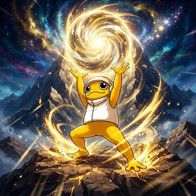 This image depicts a yellow frog character raising its arms towards a swirling golden vortex in a cosmic landscape, embodying the "Power level: COMMUNITY" message related to $TURBO's community-driven momentum.