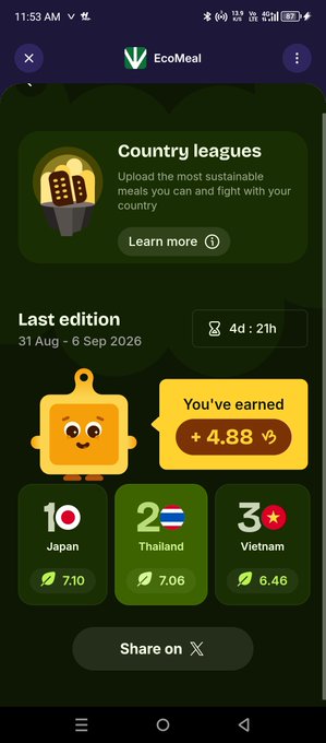 A mobile app screen for 'EcoMeal' shows the 'Last edition' results (31 Aug - 6 Sep 2026) with a podium ranking: 1st Japan (7.10), 2nd Thailand (7.06), and 3rd Vietnam (6.46), with an earning of '+ 4.88'.