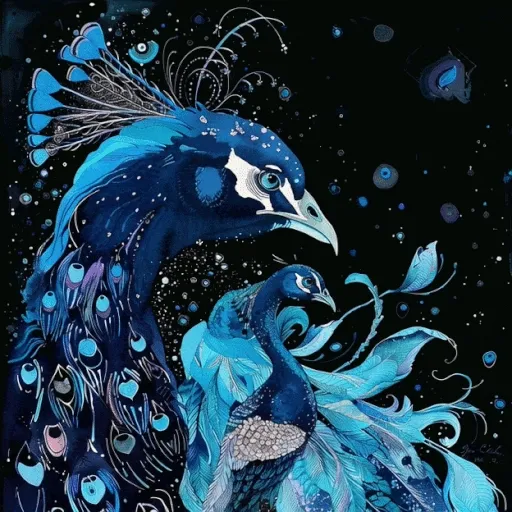 An artistic illustration of two blue peacocks with elaborate, cosmic-patterned feathers against a dark background.