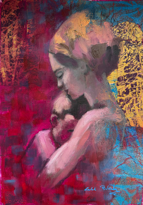An expressionistic, painterly artwork shows a figure with closed eyes holding what appears to be an animal, rendered in thick strokes of pink, red, blue, and yellow.