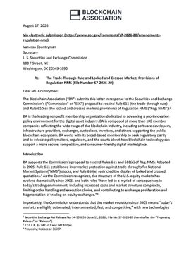 A screenshot of a Blockchain Association letter dated August 17, 2026, addressed to the U.S. Securities and Exchange Commission under the subject "Reg NMS Winter," which urges the SEC to reconsider Rule 611 and Rule 610(e) under Regulation NMS from 2005 to address modern market structure challenges related to tokenization.