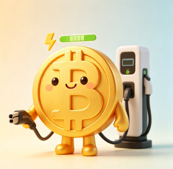 A 3D cartoon graphic of a smiling golden Bitcoin character holding a charging plug, connected to an EV charging station with a battery indicator above it.