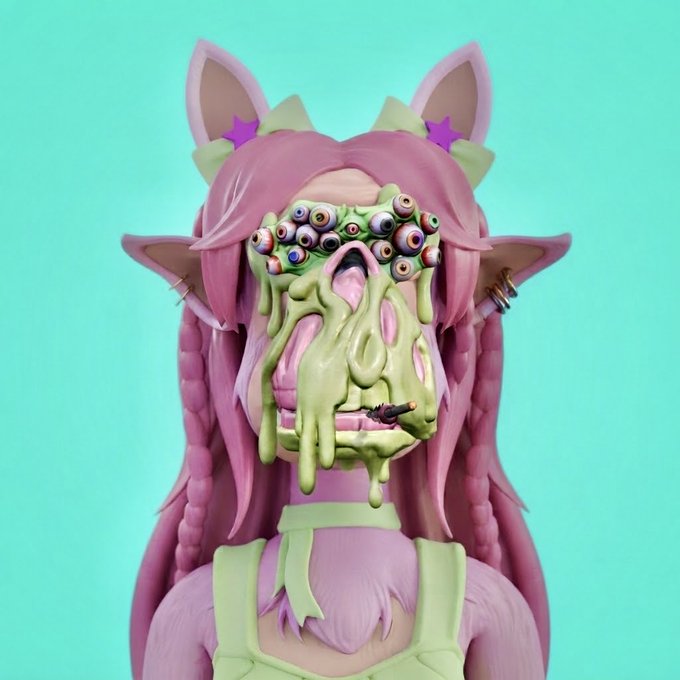 A pink-haired anime-style character with cat ears wears green slime dripping down her face, replacing her eyes with a cluster of googly eyeballs and holding a paintbrush—likely a playful, meme-style edit referencing a Mutant Ape Yacht Club (MAYC) NFT to celebrate the project's 5-year anniversary. The whimsical transformation humorously "borrows" a MAYC face in true crypto-art fashion.