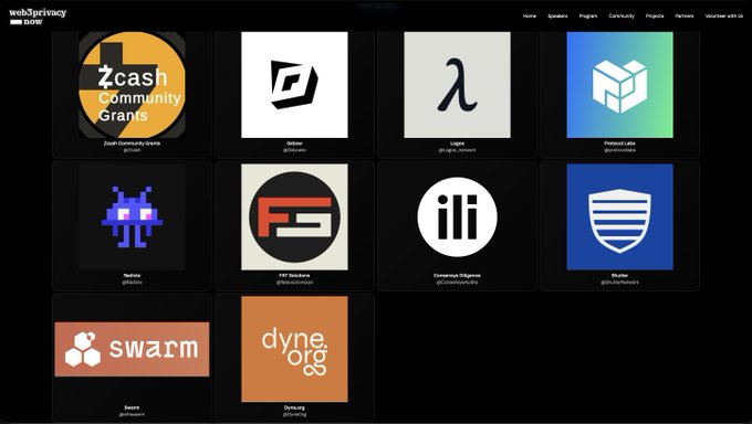 A dark-themed website screenshot from 'web3privacy NOW' showing a grid of cryptocurrency project logos including 'Zcash Community Grants', 'Dekiru', 'Logos', 'Protocol Labs', 'Yatima', 'PSF Slovakia', 'Consensus Objective', 'Shutter', 'Swarm', and 'Dyne.org' along with their social handles.