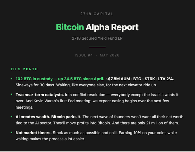 In the image, there is a screenshot of an email titled "Bitcoin Alpha Report - May 2026", which discusses Bitcoin's value increase. The text within the email explains that this is part of the report. The report includes information about the current price of Bitcoins and how they've increased over the past months. Additionally, it highlights how many Bitcoins are in circulation now compared to what was there before.