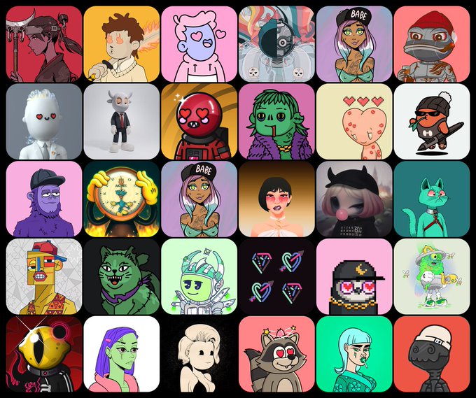 A grid displaying 30 colorful NFT avatar illustrations of various characters including cats, robots, humans, and creatures in a Twitter-style profile layout.
