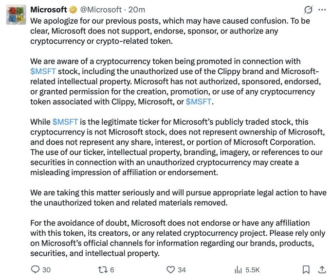 Microsoft's official X account posts a clarification stating they do not support, endorse, sponsor, or authorize any cryptocurrency, specifically addressing an unauthorized $MSFT token promoted using the Clippy brand and Microsoft intellectual property, while reaffirming that the legitimate $MSFT ticker represents their publicly traded stock.