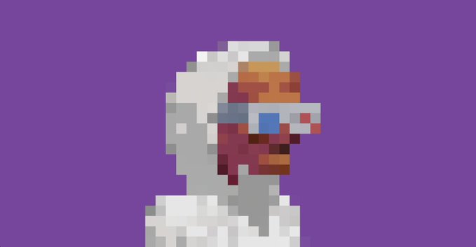 Pixel art of an ape wearing 3D-style pixelated sunglasses in red, blue, and white against a solid purple background.