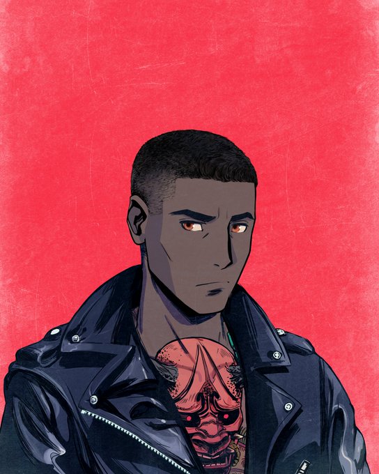 An illustrated portrait of a dark-haired man in a black leather jacket with a red demon mask tattoo on his chest, set against a red background.