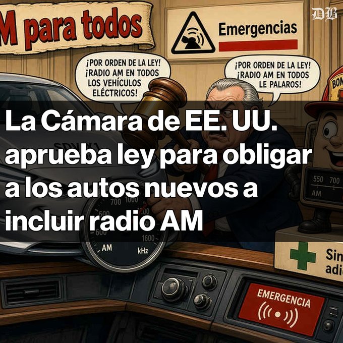 A Spanish-language news meme about the U.S. House passing a law requiring new cars to include AM radio, featuring an illustrated judge and gavel with Spanish speech bubbles.