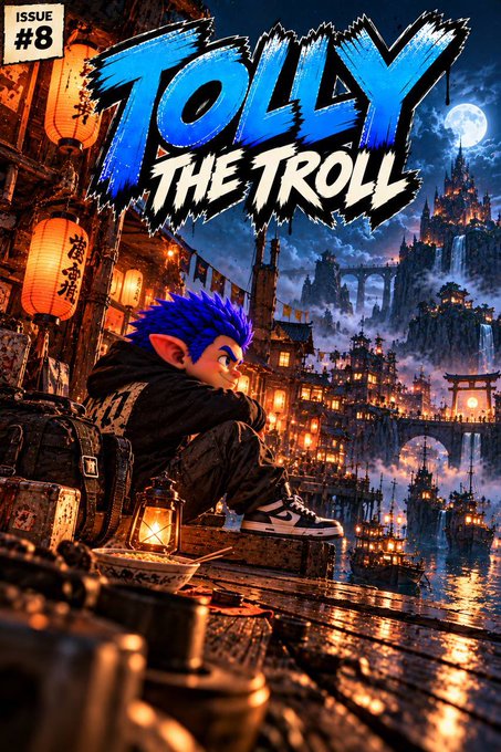 A comic book cover titled 'ZOLLY THE TROLL - ISSUE #8' depicting a blue-haired troll character sitting in a lantern-lit, atmospheric cityscape with a castle and moon in the background.