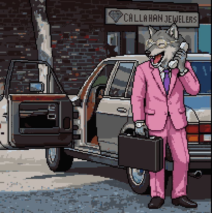 A pixel art scene depicting an anthropomorphic wolf in a pink suit holding a briefcase and talking on a phone in front of "CALLAHAN JEWELERS" with a car parked nearby.