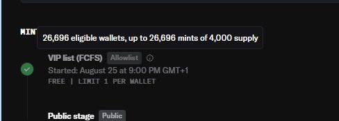 A screenshot of an NFT mint page showing '26,696 eligible wallets, up to 26,696 mints of 4,000 supply' with a VIP list (FCFS) phase marked Allowlist and Public stage marked Public.
