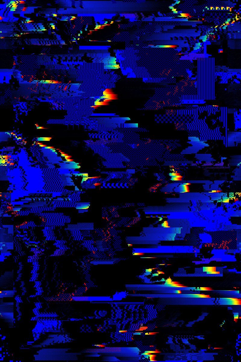 The image features an abstract art piece with a gradient background that has been altered using neon blue, black, and red colors. The artwork displays a unique color scheme of blue and red lines interspersed throughout the design. There are no texts present in the image. A post caption reads "Uber excited for the upcoming collab by Strano & RJ! Sharing my two favorite held pieces", and this caption is displayed at the bottom right corner, slightly overlapping with the background art.