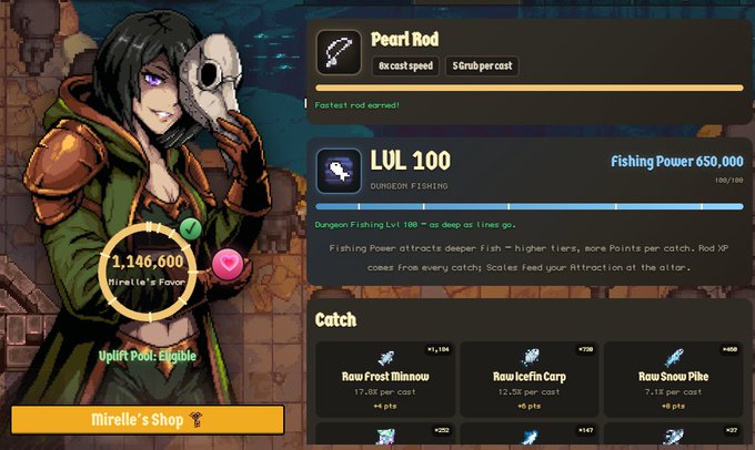 A screenshot from a fishing video game showing a character named Mirelle's Shop, with a 'Pearl Rod' equipped, LUL 100 Dungeon Fishing level, and catches including Raw Frost Minnow, Raw Icerin Carp, and Raw Snow Pike.