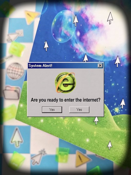 A nostalgic-style image showing a retro 'System Alert!' dialog box with Internet Explorer logo asking 'Are you ready to enter the internet?' overlaid on a colorful space-themed Windows XP wallpaper.