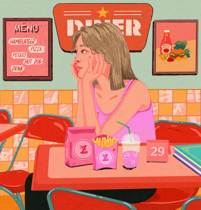 An illustration of a young woman with shoulder-length hair sitting at a diner table, resting her chin in her hands and looking pensive. The scene features a red table with fries, a drink, and a number '29' stand, set against a backdrop with a 'MENU' listing hamburgers, pizza, potato, hot dogs, and drinks under a 'DINER' sign.