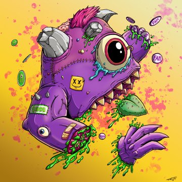 Vibrant cartoon illustration of a purple stitched monster with one large googly eye, metal bolts, and an 'XX' button, splattered with green slime and coins on a yellow background.