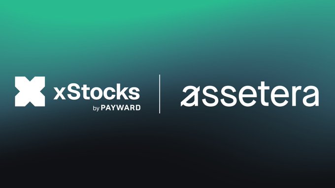 The image displays a partnership announcement featuring the xStocks by PAYWARD logo alongside the assetera logo, separated by a vertical divider, set against a teal-to-black gradient background. This visual represents the collaboration enabling xStocks' regulated distribution expansion across European markets through Assetera's platform.