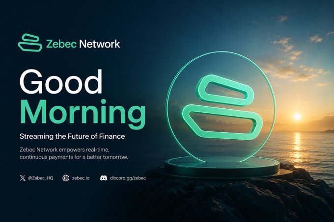 The image features a large green circle with two green triangles inside, which are illuminated against a dark blue background. The text "Good Morning" is written above the circle, and there's also some text below that reads "Streaming the Future of Finance". The backdrop for this scene is a sunset over water, creating a serene atmosphere.