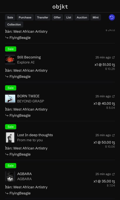 A screenshot of an NFT marketplace interface under the username 'objkt' showing various digital art pieces for sale from the 'Ítàn: West African Artistry' collection.