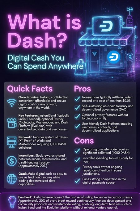 An infographic titled "What is Dash?" describing Dash as "Digital Cash You Can Spend Anywhere," featuring a neon storefront logo and sections on Quick Facts (core promises, key features, two-tier network, incentives, and goal), Pros (fast transactions, self-sustaining DAO, privacy, user-friendly platform), Cons (masternode collateral, in-wallet tools, regulatory attention, competition), and a Fun Fact about funding development—supporting the post's claim that it provides a solid overview of Dash's features and purpose.