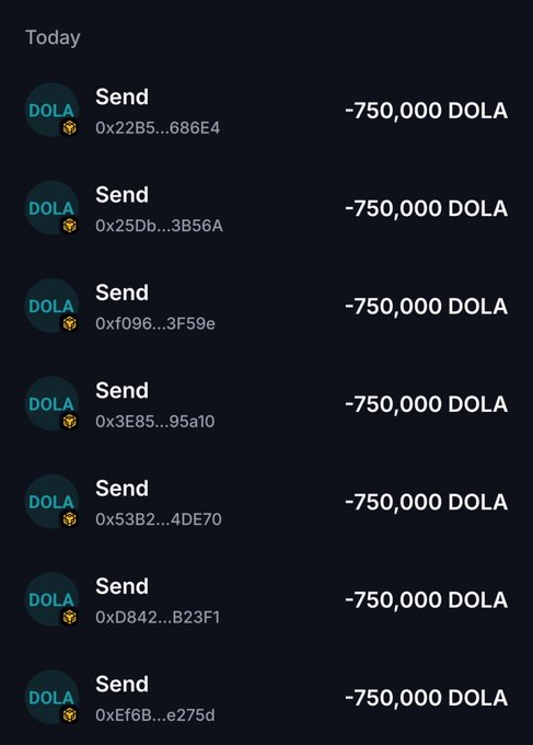 The image shows a list of transaction entries dated "Today," each displaying a "Send" of "-750,000 DOLA" to various wallet addresses (e.g., 0x22B5...686E4, 0x25Db...3B56A). This appears to be fabricated screenshot evidence meant to support the scam airdrop post promising 750,000 $DOLA tokens to participants who share their $BNB wallet address.