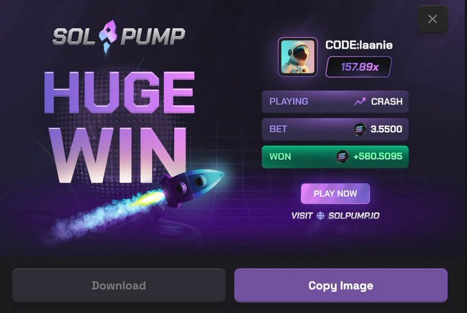 A 'HUGE WIN' promotional pop-up for SolPump, displaying a crash game bet of 3.5500 that won +560.5095 with a 157.89x multiplier, featuring a rocket illustration and 'PLAY NOW' button.