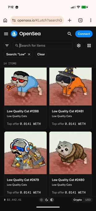 A mobile screenshot of OpenSea marketplace showing 14 NFT items from a 'Low Quality Cats' collection, with listings priced at 0.0141 WETH each.