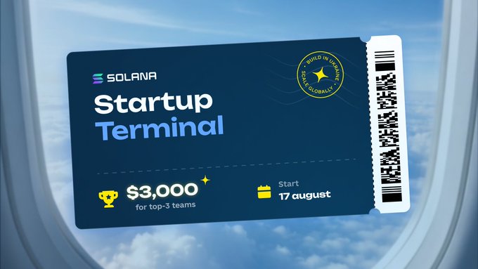 A 'Solana Startup Terminal' ticket graphic offers a $3,000 prize for top-3 teams, with a start date of August 17th.