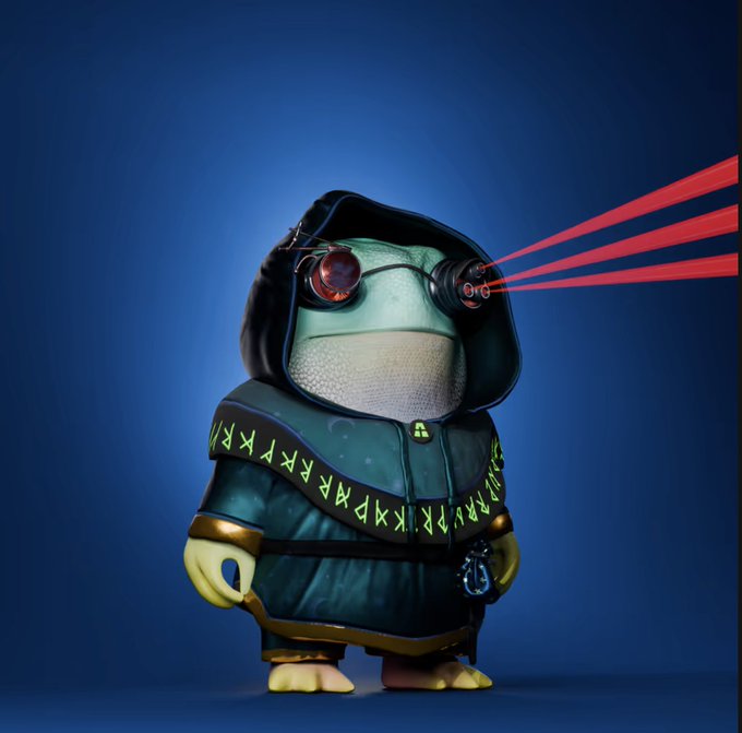 A stylized cartoon character wearing a dark hooded cloak with green runic symbols, equipped with goggles that shoot red laser beams.
