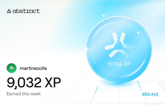 Abstract blockchain rewards dashboard for user 'martinezolle' showing 9,032 XP earned this week, with a large blue glowing sphere labeled 'TOTAL XP' and the abs.xyz logo.