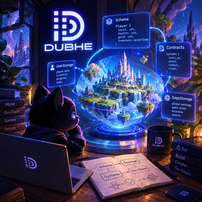 A digital artwork for 'DUBHE' showing a black cat looking at a holographic game world display, with floating UI elements labeled 'Schema', 'Contracts', 'UserStorage', and 'DappStorage' containing code-like text, alongside books about 'Move', 'On-Chain Games', 'Sui', 'Build', and 'Create'.