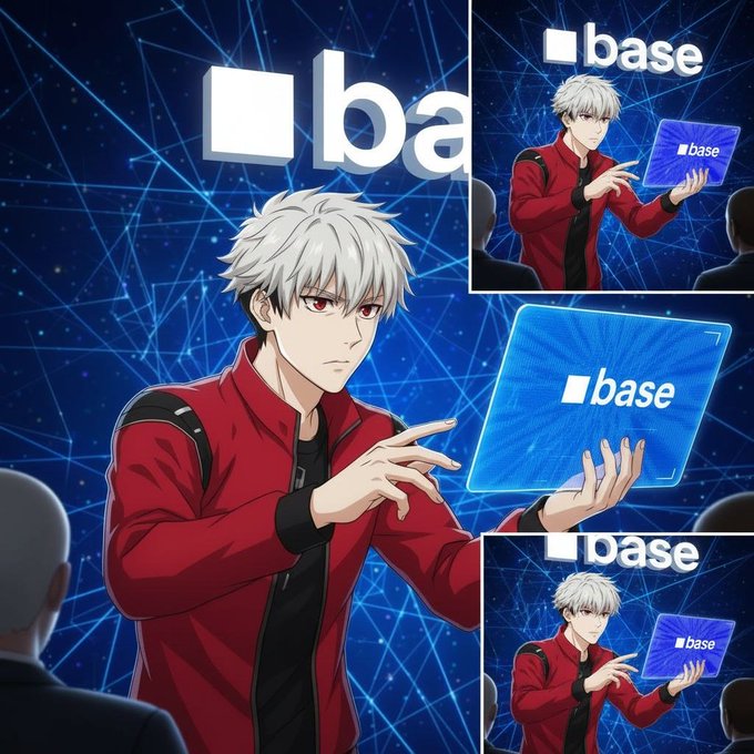 Anime-style illustration of a white-haired character in a red jacket presenting a 'base' (Base blockchain) logo on a digital screen, shown in multiple panels.