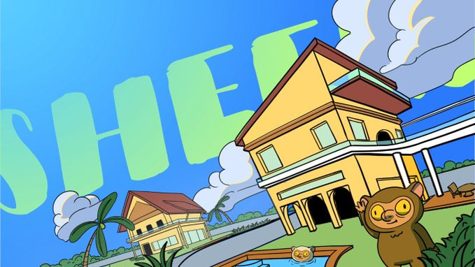 A colorful, cartoon-style illustration depicting a yellow house, palm trees, a tarsier character, and the word 'SHEE' partially visible in large green letters.