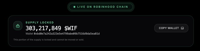 Screenshot showing 303,217,849 $WIF supply locked on Robinhood Chain with a copy wallet button.