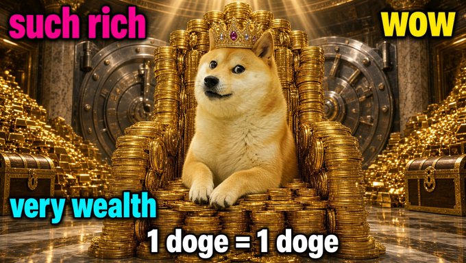 The Doge meme features a Shiba Inu wearing a crown, sitting on a throne made of gold coins inside a vault, with colorful text reading "such rich," "very wealth," "WOW," and "1 doge = 1 doge." The image reinforces the post's message by depicting Dogecoin ($DOGE) as royalty reigning over wealth, symbolizing holders' claim to crypto fortune.