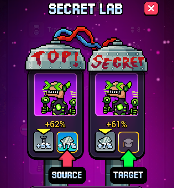 The image shows a pixel-art "SECRET LAB" interface from CraftWorld featuring a "TOP SECRET" cloning device that transfers a +17% steel production talent from a SOURCE worker (with +62%) to a TARGET worker (currently at +61%) using Anvil tools, demonstrating the new talent-transfer feature announced in the tweet.
