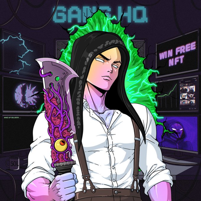 A digital illustration of a hooded figure holding a glowing, ornate weapon with a single eye design, set against a green energy aura background with the text 'GANZHO' and 'WIN FREE NFT' visible on screens.