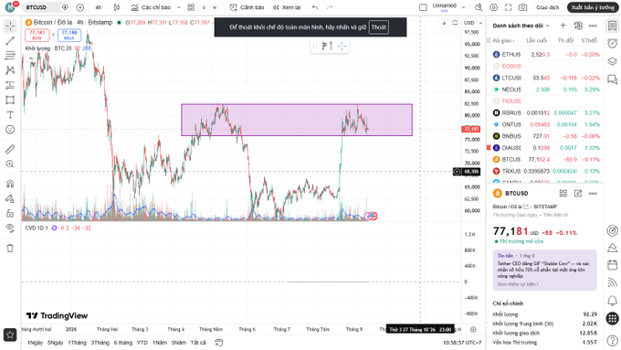 A TradingView chart for BTC/USD on the Binance exchange showing a price of 77,181 and a highlighted purple rectangle indicating a resistance zone.