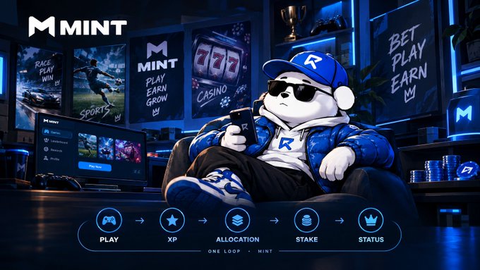 A promotional banner for a gaming platform called 'MINT' featuring a panda mascot character in a blue jacket and cap with 'R' logo, sitting in a gaming room with multiple screens displaying 'RACE PLAY WIN', 'MINT PLAY EARN GROW', 'CASINO', and 'BET PLAY EARN', with a flow diagram showing PLAY → XP → ALLOCATION → STAKE → STATUS at the bottom.