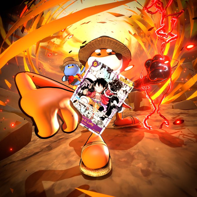 An animated character wearing a straw hat holds a manga book and points forward with a glowing hand, accompanied by a small blue bird sidekick, set against a fiery, dynamic background.